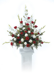 Red and White Pedestal arrangement from Kircher's Flowers in Defiance and Paulding, OH