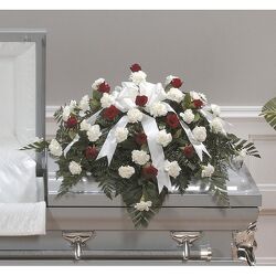 Red and White Casket Spray from Kircher's Flowers in Defiance and Paulding, OH