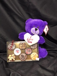 Purple Bear and chocolates from Kircher's Flowers in Defiance and Paulding, OH